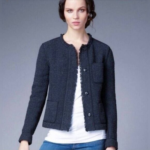 Vince Frayed Hem Wool Blend Boucle Blazer Women's 8 Charcoal Gray Jacket - Picture 1 of 7
